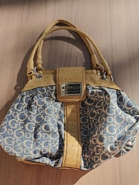 Y2K GUESS Blue Monogram Canvas Shoulder Bag with Yellow Trim